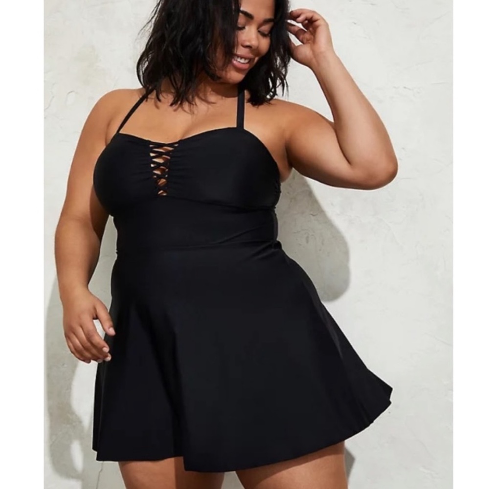 NWT Torrid Criss Cross Peplum Long Swim Dress With Brief